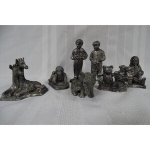 Lot of 7 Vintage Pewter Pieces Children Elephant Giraffe Teddy Bear